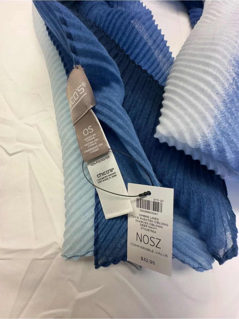 Chico's Gradient Blue Pleated Oblong Scarf